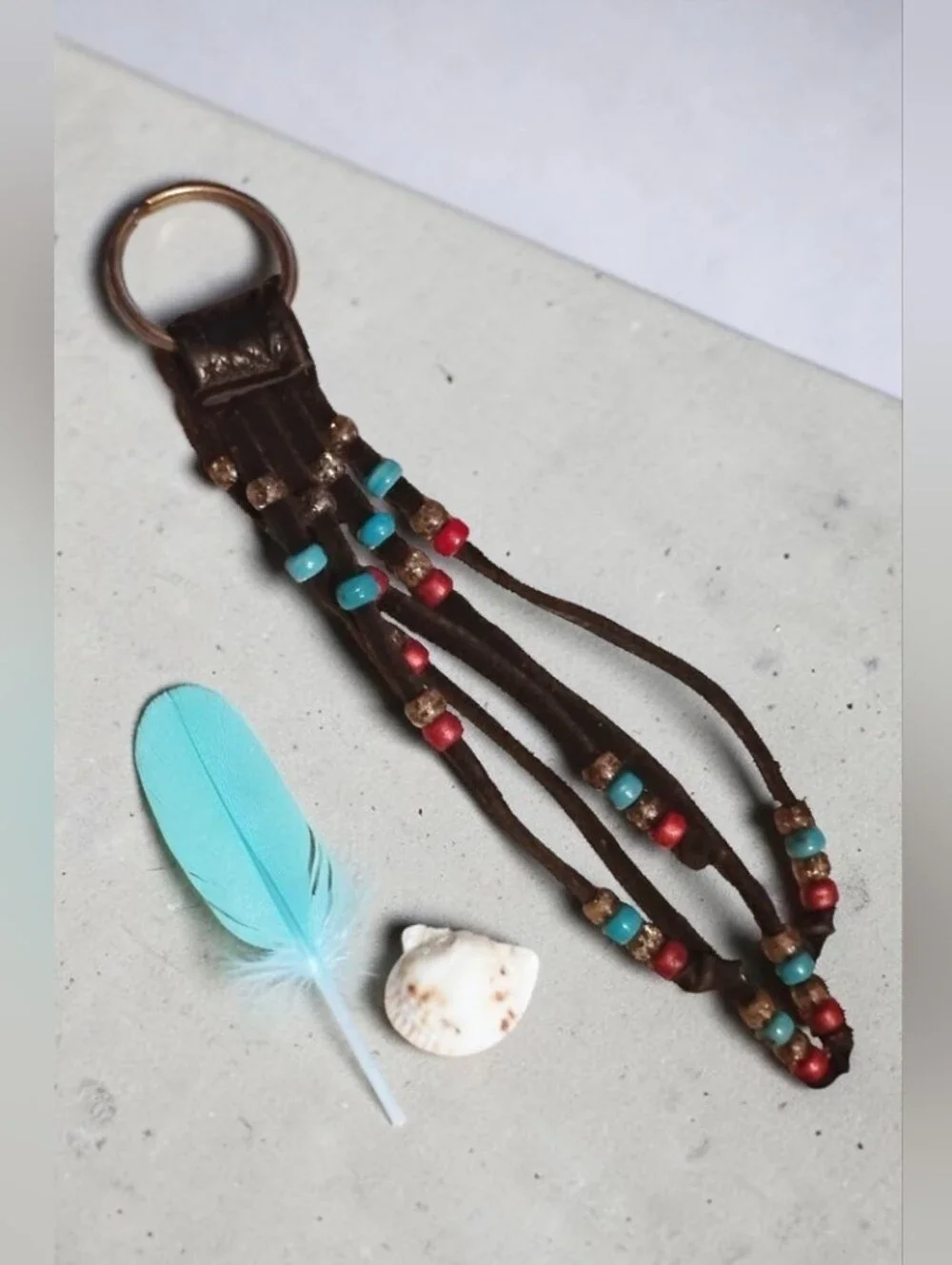 Vintage Boho Beaded Leather Fringe Keychain / Bag Charm (EUC)